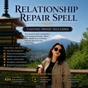 Puede incluir: Imagen con el texto "RELATIONSHIP REPAIR SPELL" y una mujer con gafas de sol. La imagen incluye texto sobre la curación de heridas emocionales, la restauración del amor y la reconstrucción de la confianza. Se incluye prueba de lanzamiento con opciones de audio, video y foto.