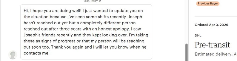 May include: A digital message box containing text that reads: Hi, I hope you are doing well! I just wanted to update you on the situation because I've seen some shifts recently. Joseph hasn't reached out yet but a completely different person reached out.