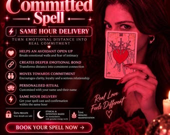 May include: A promotional graphic for an Avoidant To Committed Spell by Psychic Elika, featuring a Three of Swords tarot card, red roses, and glowing text detailing service benefits, including same hour delivery and personalized ritual options.