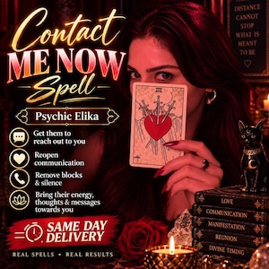 May include: A tarot card featuring the Three of Swords with a red heart pierced by three swords, held by a person. Text includes Contact ME NOW Spell, Psychic Elika, and a list of services. A black cat figurine and stacked books labeled Love, Communication, Manifestation, Reunion, and Divine Timing are visible.