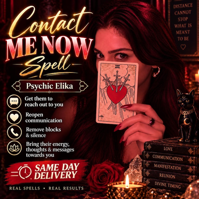 May include: A tarot card featuring the Three of Swords with a red heart pierced by three swords, held by a person. Text includes Contact ME NOW Spell, Psychic Elika, and a list of services. A black cat figurine and stacked books labeled Love, Communication, Manifestation, Reunion, and Divine Timing are visible.