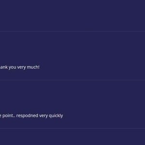 May include: A digital interface displaying a list of customer reviews on a dark purple background. Each entry features a circular profile icon with initials, a five-star rating, a date, and text feedback such as 'Sorted it out for me', 'Helped me a lot to let go of the past! Thank you very much!', and 'She was very straightforward and to the point.. respodned very quickly'.