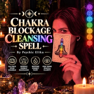 Könnte beinhalten: Eine rechteckige Karte mit einer zentralen Illustration einer Person in sitzender Meditationshaltung mit sieben farbigen, vertikal ausgerichteten Chakrapunkten. Der Text lautet CHAKRA BLOCKAGE CLEANSING SPELL By Psychic Elika mit vier Symbolen.