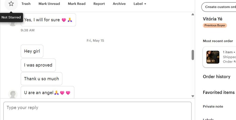 May include: A digital messaging interface showing a conversation with text bubbles containing messages like Yes, I will for sure, Hey girl, I was aproved, Thank u so much, and U are an angel, accompanied by heart and prayer hand emojis.