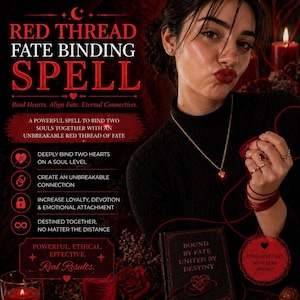 Może przedstawiać: Obraz z tekstem: "RED THREAD FATE BINDING SPELL". Kobieta w czarnym golfie nosi naszyjnik z czerwoną zawieszką w kształcie serca. Czerwona nić owinięta wokół jej palców. Obraz zawiera książkę z tekstem "BOUND BY FATE UNITED BY DESTINY".