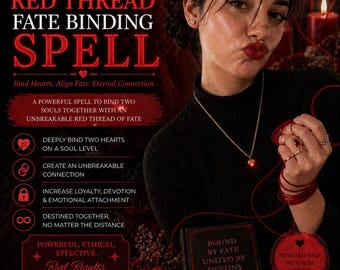 May include: Image features text: "RED THREAD FATE BINDING SPELL". A woman wears a black turtleneck and a red heart pendant necklace. Red thread is wrapped around her fingers. The image includes a book with the text "BOUND BY FATE UNITED BY DESTINY".
