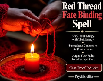May include: A lit orange candle sits in a bowl filled with red thread. Text reads: Red Thread Fate Binding Spell, Binds Your Energy with Their Energy, Strengthens Connection & Commitment, Aligns Your Paths for a Lasting Bond, Cast Proof Included, Psychic elika.