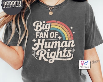 Big Fan of Human Rights Comfort Colors Shirt Retro Rainbow Tshirt Radicalized by Basic Decency Tee Everyone Welcome Gift For Liberal Gifts