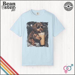 Labradoodle Drinking Iced Coffee Shirt | Doodle Owner Gift, Funny Animal Meme Tshirt, Vintage Photo Comfort Colors Tee Chambray