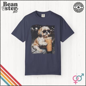 Shih Tzu Drinking Iced Coffee Shirt | Dog Owner Gift, Funny Animal Meme Tshirt, Vintage Photo Comfort Colors Tee Denim