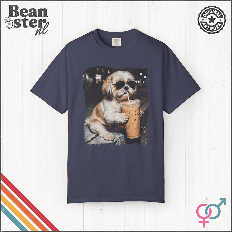Shih Tzu Drinking Iced Coffee Shirt | Dog Owner Gift, Funny Animal Meme Tshirt, Vintage Photo Comfort Colors Tee Denim