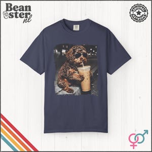 Labradoodle Drinking Iced Coffee Shirt | Doodle Owner Gift, Funny Animal Meme Tshirt, Vintage Photo Comfort Colors Tee Denim
