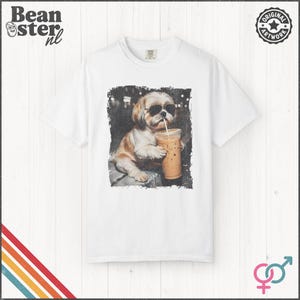 Shih Tzu Drinking Iced Coffee Shirt | Dog Owner Gift, Funny Animal Meme Tshirt, Vintage Photo Comfort Colors Tee White