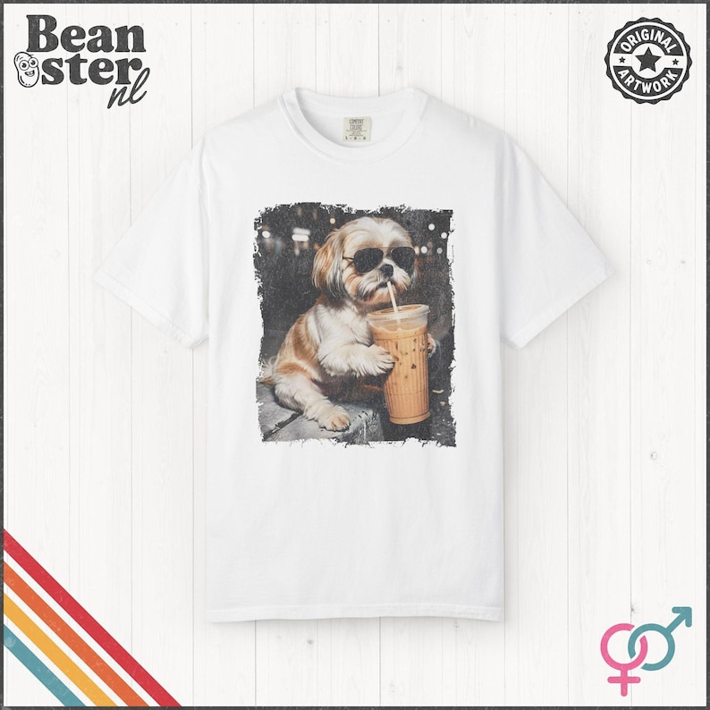 Shih Tzu Drinking Iced Coffee Shirt | Dog Owner Gift, Funny Animal Meme Tshirt, Vintage Photo Comfort Colors Tee White