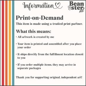 May include: Cream-colored print-on-demand information graphic with text. The text includes "Information" and "Print-on-Demand". The graphic also includes a vertical stripe design in orange, yellow, blue, and red.