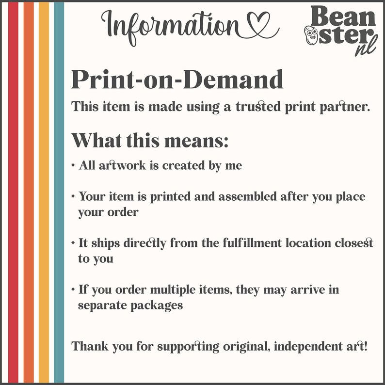 May include: Cream-colored print-on-demand information graphic with text. The text includes "Information" and "Print-on-Demand". The graphic also includes a vertical stripe design in orange, yellow, blue, and red.