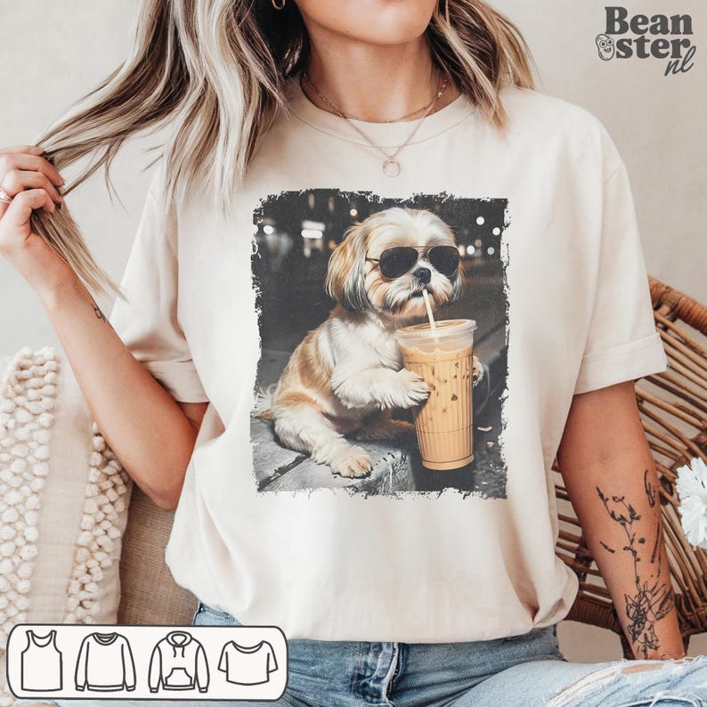 Shih Tzu Drinking Iced Coffee Shirt | Dog Owner Gift, Funny Animal Meme Tshirt, Vintage Photo Comfort Colors Tee Ivory