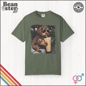 Labradoodle Drinking Iced Coffee Shirt | Doodle Owner Gift, Funny Animal Meme Tshirt, Vintage Photo Comfort Colors Tee Moss