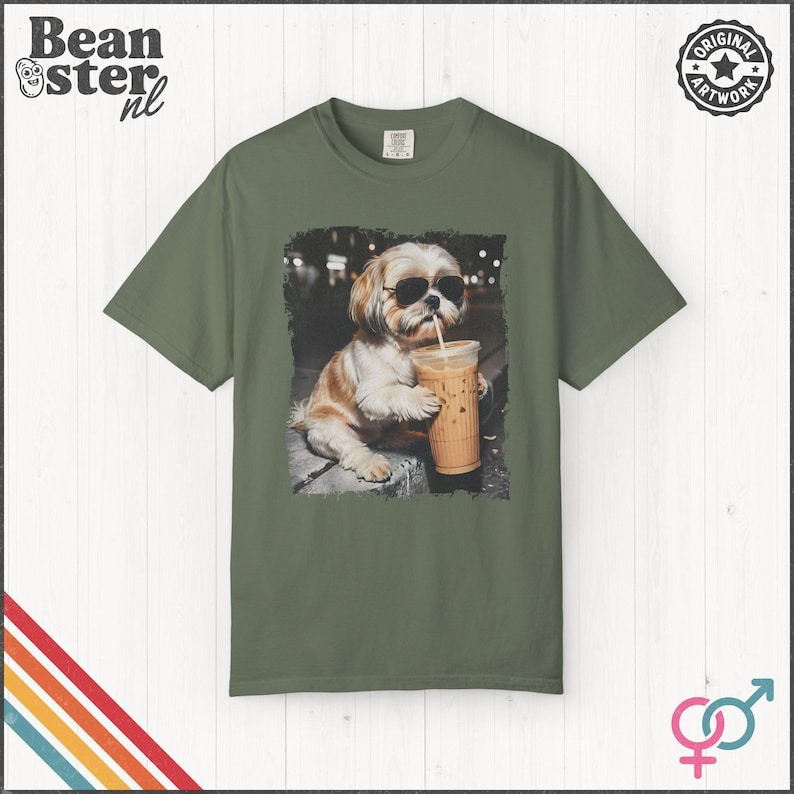Shih Tzu Drinking Iced Coffee Shirt | Dog Owner Gift, Funny Animal Meme Tshirt, Vintage Photo Comfort Colors Tee Moss