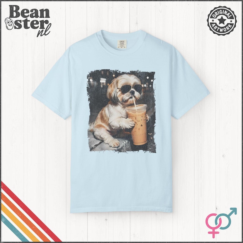 Shih Tzu Drinking Iced Coffee Shirt | Dog Owner Gift, Funny Animal Meme Tshirt, Vintage Photo Comfort Colors Tee Chambray