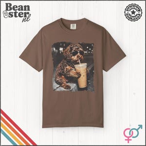 Labradoodle Drinking Iced Coffee Shirt | Doodle Owner Gift, Funny Animal Meme Tshirt, Vintage Photo Comfort Colors Tee Espresso