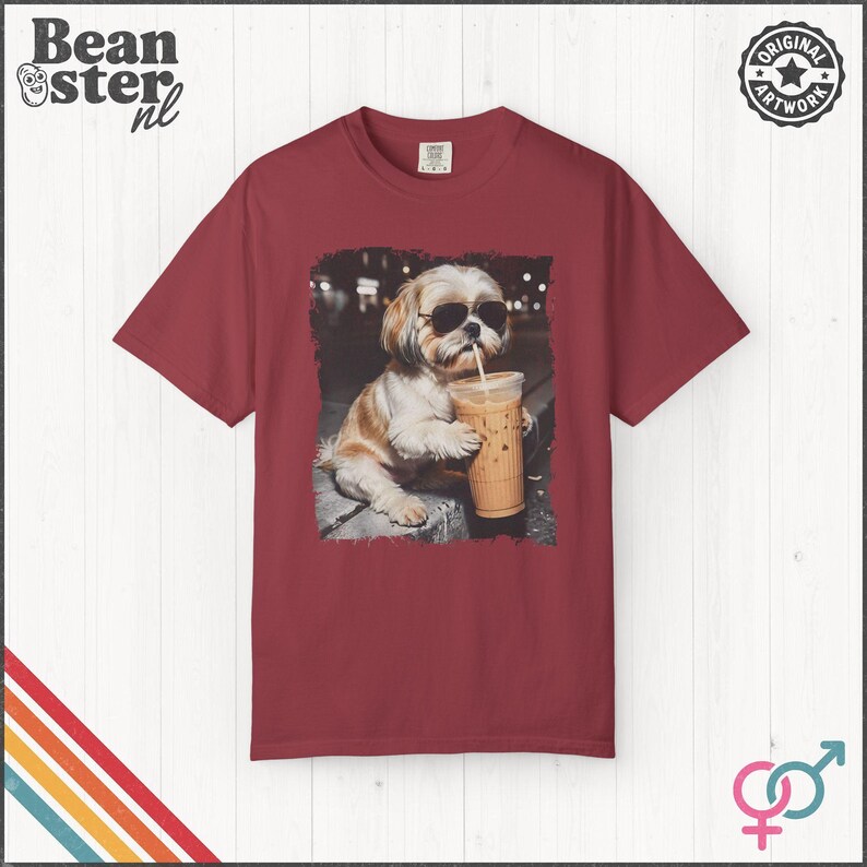 Shih Tzu Drinking Iced Coffee Shirt | Dog Owner Gift, Funny Animal Meme Tshirt, Vintage Photo Comfort Colors Tee Chili