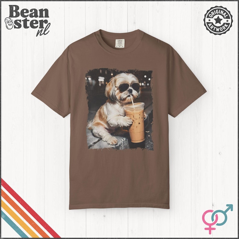 Shih Tzu Drinking Iced Coffee Shirt | Dog Owner Gift, Funny Animal Meme Tshirt, Vintage Photo Comfort Colors Tee Espresso