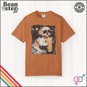 Shih Tzu Drinking Iced Coffee Shirt | Dog Owner Gift, Funny Animal Meme Tshirt, Vintage Photo Comfort Colors Tee Yam