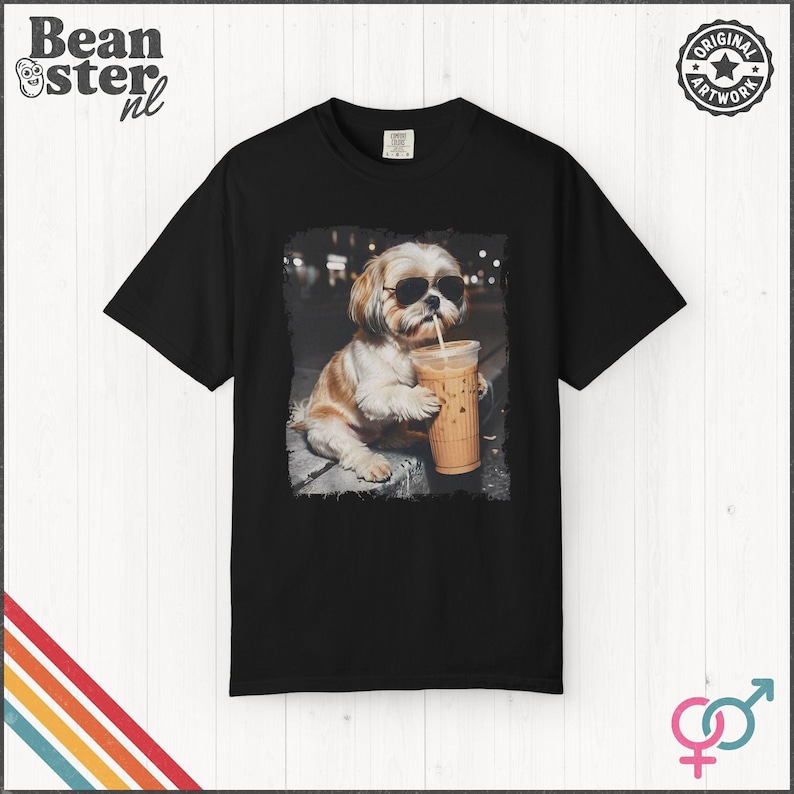 Shih Tzu Drinking Iced Coffee Shirt | Dog Owner Gift, Funny Animal Meme Tshirt, Vintage Photo Comfort Colors Tee Black