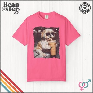 Shih Tzu Drinking Iced Coffee Shirt | Dog Owner Gift, Funny Animal Meme Tshirt, Vintage Photo Comfort Colors Tee Crunchberry
