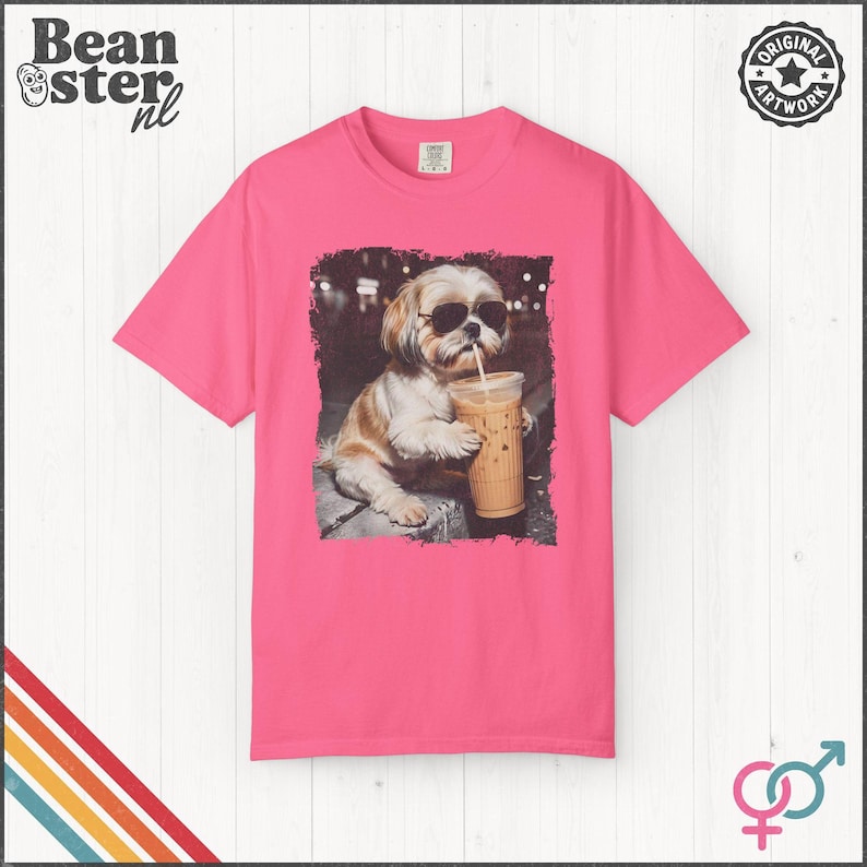 Shih Tzu Drinking Iced Coffee Shirt | Dog Owner Gift, Funny Animal Meme Tshirt, Vintage Photo Comfort Colors Tee Crunchberry