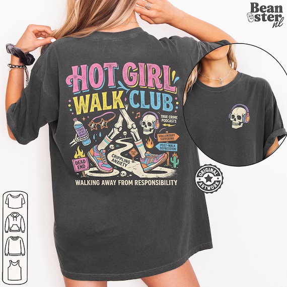 Hot Girl Walk Club Shirt | Comfort Colors Back Print, Funny Hiker Gifts, Y2K Streetwear Tshirt, Dark Humor Shirts, 90s Retro Streetwear Tee