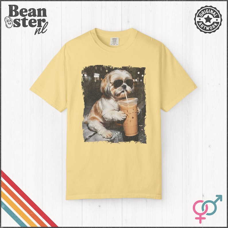 Shih Tzu Drinking Iced Coffee Shirt | Dog Owner Gift, Funny Animal Meme Tshirt, Vintage Photo Comfort Colors Tee Butter