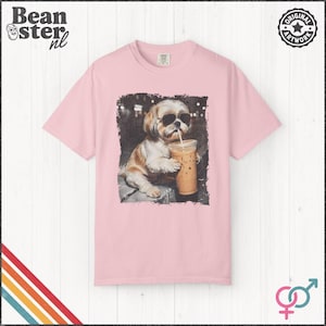 Shih Tzu Drinking Iced Coffee Shirt | Dog Owner Gift, Funny Animal Meme Tshirt, Vintage Photo Comfort Colors Tee Blossom