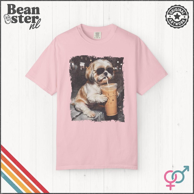 Shih Tzu Drinking Iced Coffee Shirt | Dog Owner Gift, Funny Animal Meme Tshirt, Vintage Photo Comfort Colors Tee Blossom
