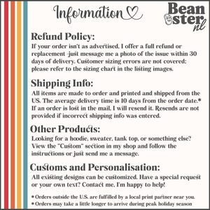 May include: A cream-colored graphic with text that reads "Information" and "Refund Policy", "Shipping Info", "Other Products", and "Customs and Personalisation". The Beanster nl logo is in the upper right corner. Vertical stripes of red, orange, yellow, and blue are on the left.