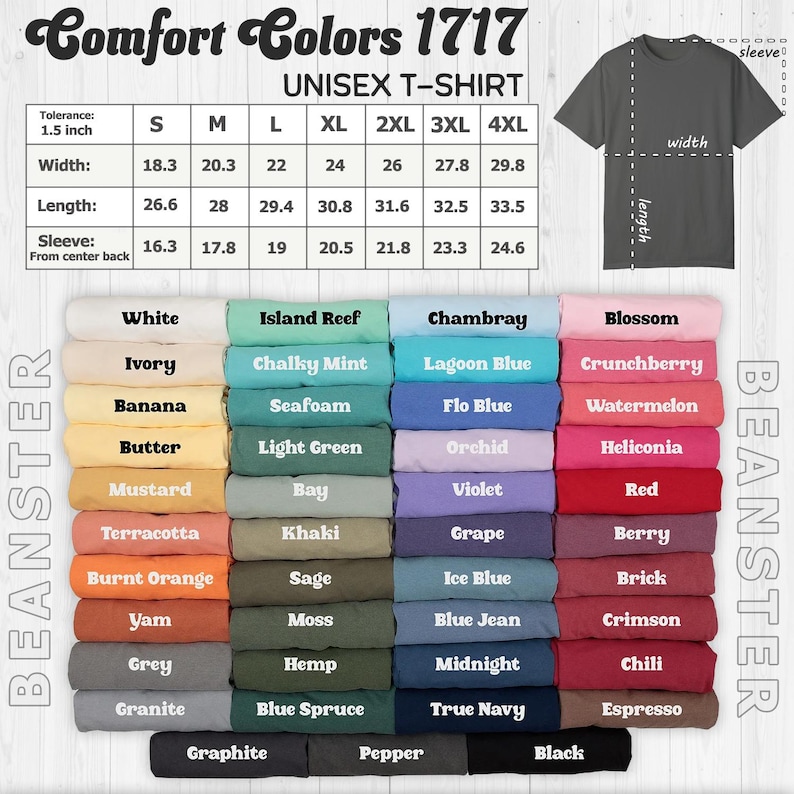 Puede incluir: Un gr&aacute;fico que muestra las medidas de talla para una camiseta unisex en pulgadas. El gr&aacute;fico incluye el ancho, la longitud y la longitud de la manga para las tallas S a 4XL. Debajo del gr&aacute;fico hay una tabla de colores que muestra 24 colores diferentes de camisetas. Los colores est&aacute;n dispuestos en filas y columnas. Los colores incluyen blanco, marfil, pl&aacute;tano, mantequilla, mostaza, terracota, naranja quemado, &ntilde;ame, gris, granito, grafito, arrecife de isla, menta calc&aacute;rea, espuma de mar, verde claro, bah&iacute;a, caqui, salvia, musgo, c&aacute;&ntilde;amo, abeto azul, pimienta, chambray, azul laguna, azul flo, orqu&iacute;dea, violeta, uva, azul hielo, azul vaquero, medianoche, azul marino, negro, flor, crunchberry, sand&iacute;a, heliconia, rojo, baya, ladrillo, carmes&iacute;, chile, espresso.