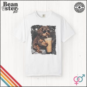 Labradoodle Drinking Iced Coffee Shirt | Doodle Owner Gift, Funny Animal Meme Tshirt, Vintage Photo Comfort Colors Tee White