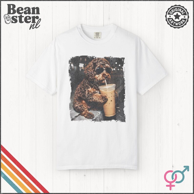 Labradoodle Drinking Iced Coffee Shirt | Doodle Owner Gift, Funny Animal Meme Tshirt, Vintage Photo Comfort Colors Tee White