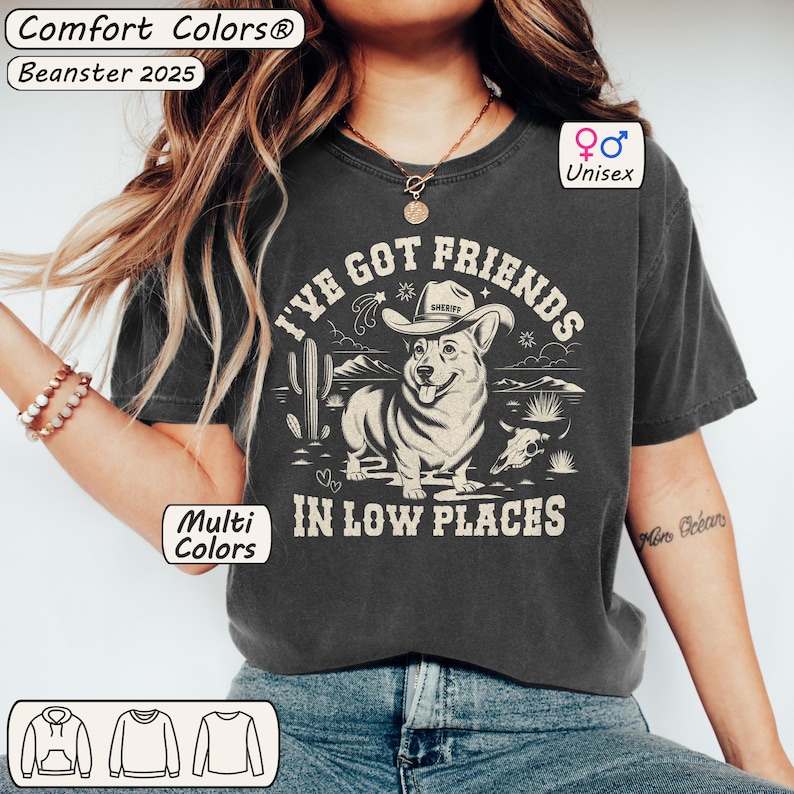 Puede incluir: Una camiseta gris oscura con un gr&aacute;fico de un perro de dibujos animados con un sombrero de sheriff y el texto "I've got friends in low places".