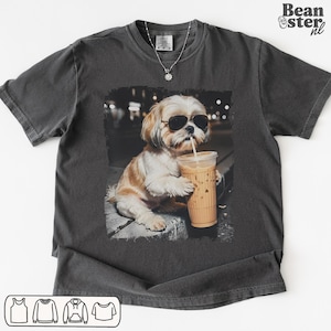 Shih Tzu Drinking Iced Coffee Shirt | Dog Owner Gift, Funny Animal Meme Tshirt, Vintage Photo Comfort Colors Tee