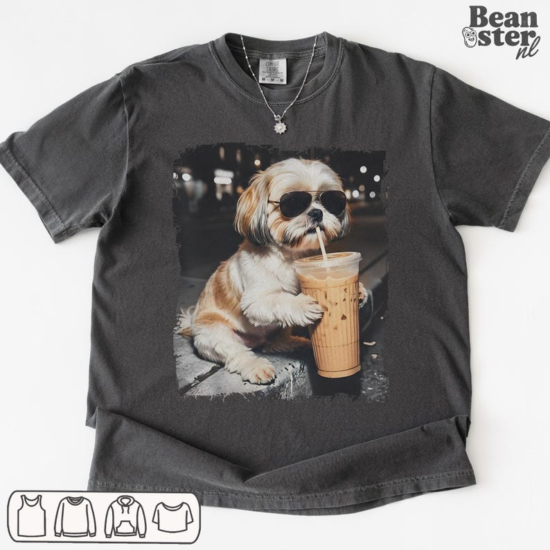 Shih Tzu Drinking Iced Coffee Shirt | Dog Owner Gift, Funny Animal Meme Tshirt, Vintage Photo Comfort Colors Tee Pepper