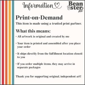 May include: Cream-colored background with text about print-on-demand services. The text includes information about original artwork, printing after ordering, direct shipping, and separate packaging for multiple items. A vertical stripe of orange, yellow, and blue is on the left.