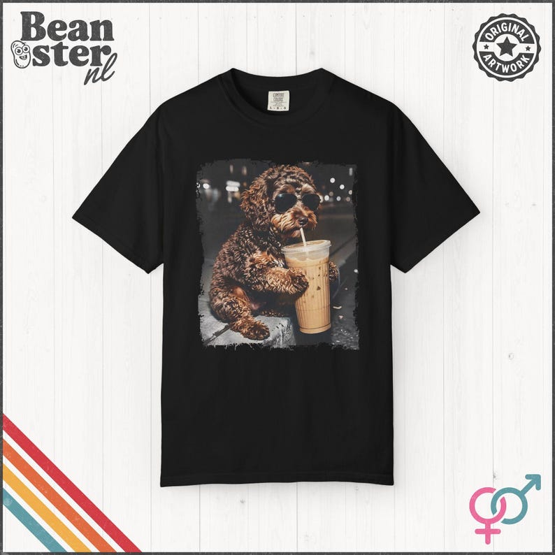 Labradoodle Drinking Iced Coffee Shirt | Doodle Owner Gift, Funny Animal Meme Tshirt, Vintage Photo Comfort Colors Tee Black