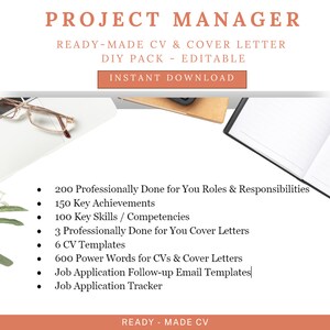 ATS-optimerat och redigerbart Word-dokument, CV för projektledare, CV-paket, 200 roller och ansvarsområden, 3 personliga brev, 6 CV-mallar