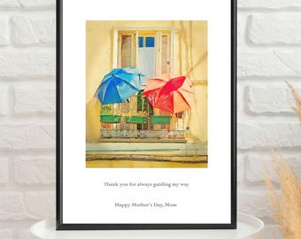 Europese balkonaquarelprint | Zinvol moedercadeau | Kleurrijke paraplumuurkunst | Op maat gemaakte offerte voor Moederdag 8 x 10 11 x 14 4 A4 A3