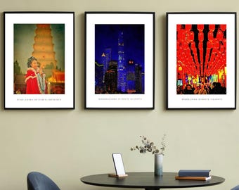 Set van 3 Chinese aquarelafdrukken, Beijing Xian Shanghai Gallery muurkunst