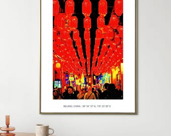 Levendige print met rode lantaarns in Peking, Chinese nachtmarkt muurkunstposter