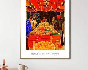Aquarel print Beijing Night Market | Aziatische poster rode lantaarn straatkunst