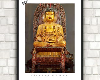 Gouden Boeddha Vitarka Mudra-print, Xi'an Tempel Zen Meditatie Decor